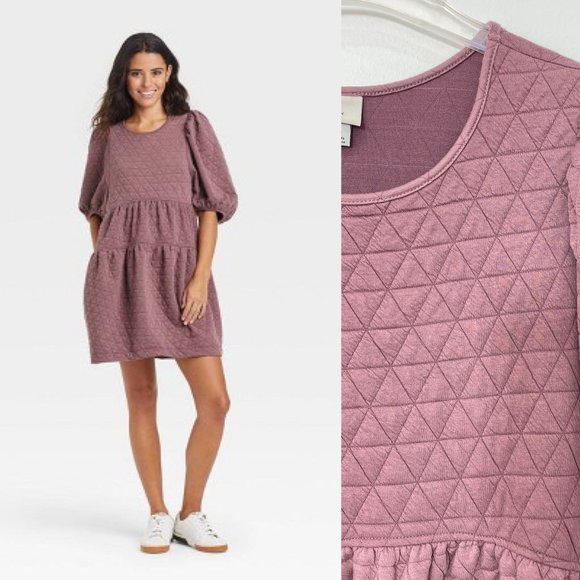 A New Day Women Knit Dress Large Quilted Purple Half Sleeve Mini Soft Tiered New - Picture 1 of 12